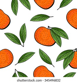 Seamless hand drawn tangerine pattern on white background. Vector illustration.