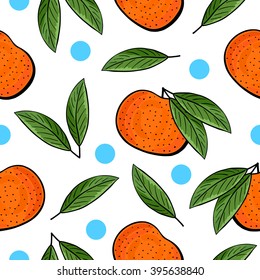 Seamless hand drawn tangerine pattern on white background with blue dots. Tangerine with leaves vector illustration. Great for textile, wallpaper, wrapping paper.