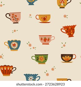 Tazas de té dibujadas a mano sin fisuras, tazas de patrón con detalles florales populares. Acogedora ilustración vintage en colores cálidos. Ideal para textiles de cocina, embalaje, papelería, Fondo de pantalla, papel de embalaje, decoración del hogar