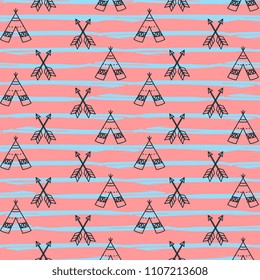 Seamless hand drawn teepees and arrows for fashion textile trendy background.