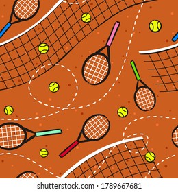 Seamless hand drawn tennis pattern. Hand drawn Sport background with tennis racket and ball. Vector Illustration for the design of competitions, sports projects, tennis equipment.