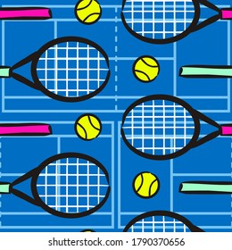 Seamless hand drawn tennis pattern. Hand drawn Sport background with tennis racket and ball. Vector Illustration for the design of competitions, sports projects, tennis equipment.