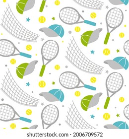 Seamless hand drawn tennis pattern. Hand drawn Sport background with tennis racket, caps, web and balls. Vector Illustration for the design of competitions, sports projects, tennis equipment. 