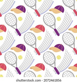 Seamless hand drawn tennis pattern. Hand drawn Sport background with tennis racket, caps, web and balls. Vector Illustration for the design of competitions, sports projects, tennis equipment.