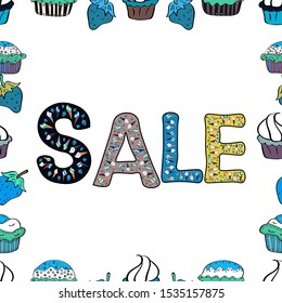Seamless. Hand Drawn Text on cute Background. Hot Summer Sale Banner Design. Vector Advertising pictures in blue, white and black colors.