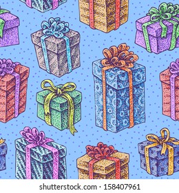 Seamless hand drawn texture of colorful dotted presents with bows and ribbons.
