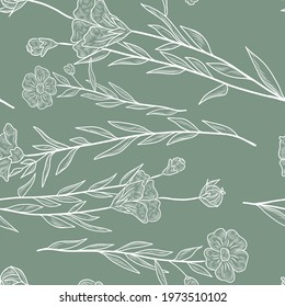Seamless hand drawn texture with flax flowers
