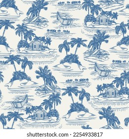 SEAMLESS HAND DRAWN TOILE TROPICAL SCENE FLORAL PATTERN SWATCH