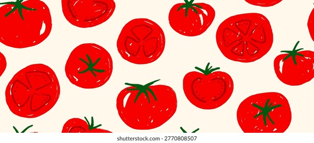 Seamless hand drawn tomato pattern. Red tomatoes doodle background. Repeated organic healthy food wallpaper design for poster, cover, fabric print. Repeating fresh farm vegetable backdrop. Vector