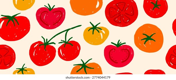 Seamless hand drawn tomato pattern. Red doodled tomatoes background. Repeated organic healthy food wallpaper for restaurant, cooking recipe, menu decor. Vector repeating fresh farm vegetable backdrop