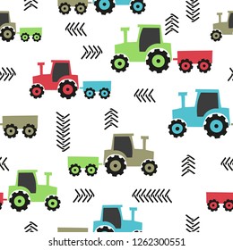 Seamless Hand Drawn Tractor Pattern For Kids.