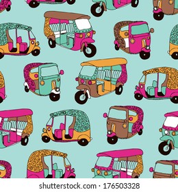 Seamless hand drawn travel illustration India auto rickshaw background pattern in vector