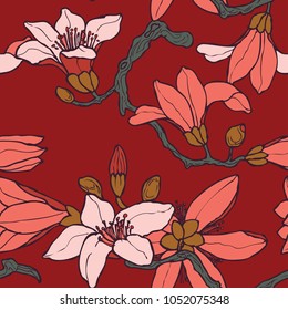 Seamless hand drawn tree in blossom pattern in vector
