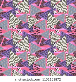 Seamless hand drawn triangle abstract with feminine childish drawing style pattern. Creative textile background for print and fashion trendy vector illustration.