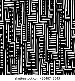 Padrão tribal desenhado à mão em preto e branco. Textura abstrata étnica com linhas geométricas e formas. Modelo para tecido, papéis de parede, fundos e papel de embrulho