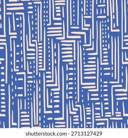 Padrão tribal sem costura desenhado à mão em azul, marinha. Textura abstrata étnica com linhas geométricas e formas. Modelo para tecido, papéis de parede, fundos e papel de embrulho