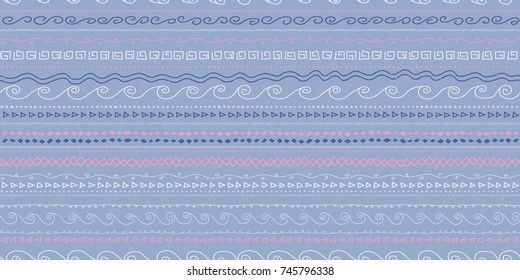 Seamless Hand Drawn Tribal Stripe Pattern / Navy and Pink on Blue Background / Global Colors saved with Pattern Swatches / Vector Illustration
