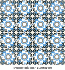 Seamless hand drawn tribal tiles texture. Ethnic boho style. Native batik watercolor artistic blue, gray and white seamless pattern. Vector illustration.