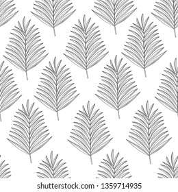 Seamless hand drawn tropic exotic botanical vector pattern texture with rainforest jungle tree palm leaves foliage. Black and white illustration. Twilight night time.