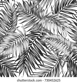 Textura de padrão de vetor botânico exótico exótico sem costura desenhada à mão com folhas de palmeira da floresta tropical. Ilustração em preto e branco. Hora do crepúsculo.