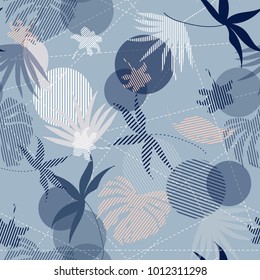 Seamless Hand Drawn tropical pastel silhouette exotic leaves Pattern on bright blue mixed with stripes Print vector Seamless Hand Drawn tropical pastel silhouette exotic leaves Pattern on bright blue mixed with stripes Print vector