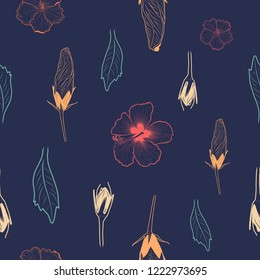 Seamless hand drawn tropical pattern with hibiscus flowers and leaves. Vector illustration