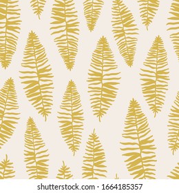 Patrón tropical dibujado a mano con hojas amarillas en un fondo claro. Acondicionamiento textil con hojas y plantas coloridas. Papel tapiz de la selva exótica.