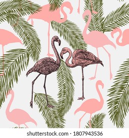 Patrón tropical sin foco, dibujado a mano, con flamencos rosados y hojas de palma en un fondo claro. Esbozos dibujados en papel con tinta negra, convertidos en una imagen vectorial. Textura veraniega realista.