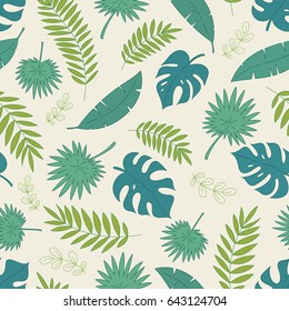 Seamless hand drawn tropical pattern with monstera and palm leaves.