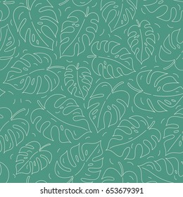 Seamless hand drawn tropical pattern with monstera leaves.