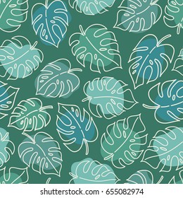 Seamless hand drawn tropical pattern with monstera leaves.