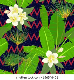Seamless hand drawn tropical pattern with palm leaves, jungle exotic leaf on dark background. Fashion textile print, summer floral wallpaper. Vector illustration, botanical drawing