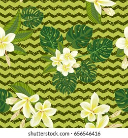 Seamless hand drawn tropical pattern with palm leaves, jungle exotic leaf on dark background. Fashion textile print, summer floral wallpaper. Vector illustration, botanical drawing