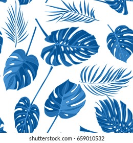 Seamless hand drawn tropical pattern with palm leaves in blue color, jungle exotic leaf on white background. Vector illustration, botanical drawing