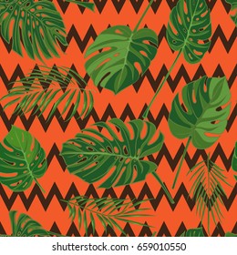 Seamless hand drawn tropical pattern with palm leaves, jungle exotic leaf on dark background. Fashion textile print, summer floral wallpaper. Vector illustration, botanical drawing