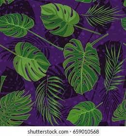Seamless hand drawn tropical pattern with palm leaves, jungle exotic leaf on dark background. Fashion textile print, summer floral wallpaper. Vector illustration, botanical drawing