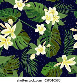 Seamless hand drawn tropical pattern with palm leaves, jungle exotic leaf on dark background. Fashion textile print, summer floral wallpaper. Vector illustration, botanical drawing