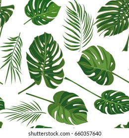 Seamless hand drawn tropical pattern with palm leaves in green color, jungle exotic leaf on white background. Vector illustration, botanical drawing
