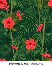 Seamless hand drawn tropical pattern with palm leaves, jungle exotic flower on dark background. Fashion textile print, summer floral wallpaper. Vector illustration, botanical drawing