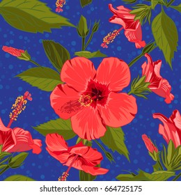 Seamless hand drawn tropical pattern with jungle exotic hibiscus flower on bamboo background. Fashion textile print, summer floral wallpaper. Vector illustration, botanical drawing