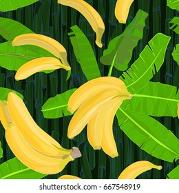 Seamless hand drawn tropical pattern with palm leaves, jungle exotic leaf and banana fruit on dark bamboo background. Fashion textile print, floral wallpaper. Vector illustration, botanical drawing