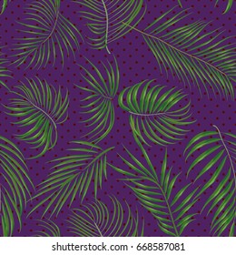 Seamless hand drawn tropical pattern with palm leaves, jungle exotic leaf on dark background. Fashion textile print, summer floral wallpaper. Vector illustration, botanical drawing