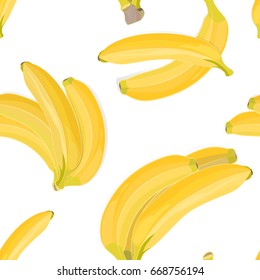 Seamless hand drawn tropical pattern with banana fruit on white background. Fashion textile print, summer floral wallpaper. Vector illustration, botanical drawing