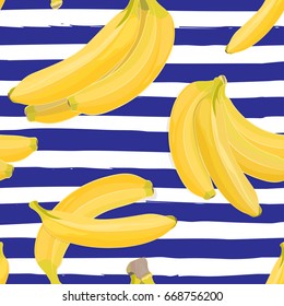 Seamless hand drawn tropical pattern with banana fruit on white and blue background. Fashion textile print, summer floral wallpaper. Vector illustration, botanical drawing