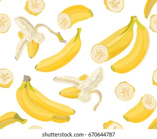 Seamless hand drawn tropical pattern with banana fruit on white background. Fashion textile print, summer floral wallpaper. Vector illustration, botanical drawing