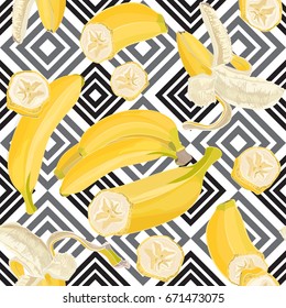 Seamless hand drawn tropical pattern with banana fruit on geometric background. Fashion textile print, summer floral wallpaper. Vector illustration, botanical drawing