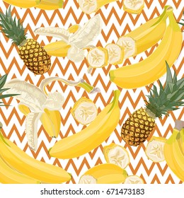 Seamless hand drawn tropical pattern with banana and pineapple fruit on geometric background. Fashion textile print, summer floral wallpaper. Vector illustration, botanical drawing