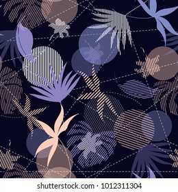 Seamless Hand Drawn tropical  silhouette exotic leaves  Pattern on colorful  mixed with stripes Print vector on navy blue background.