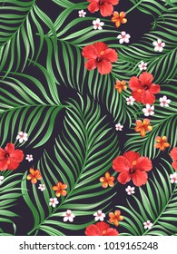 	
Seamless hand drawn tropical vector pattern with bright hibiscus flowers and exotic palm leaves on dark background.