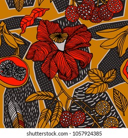 Seamless hand drawn tropical vector pattern with bright hibiscus flowers and exotic fruits on dark background.